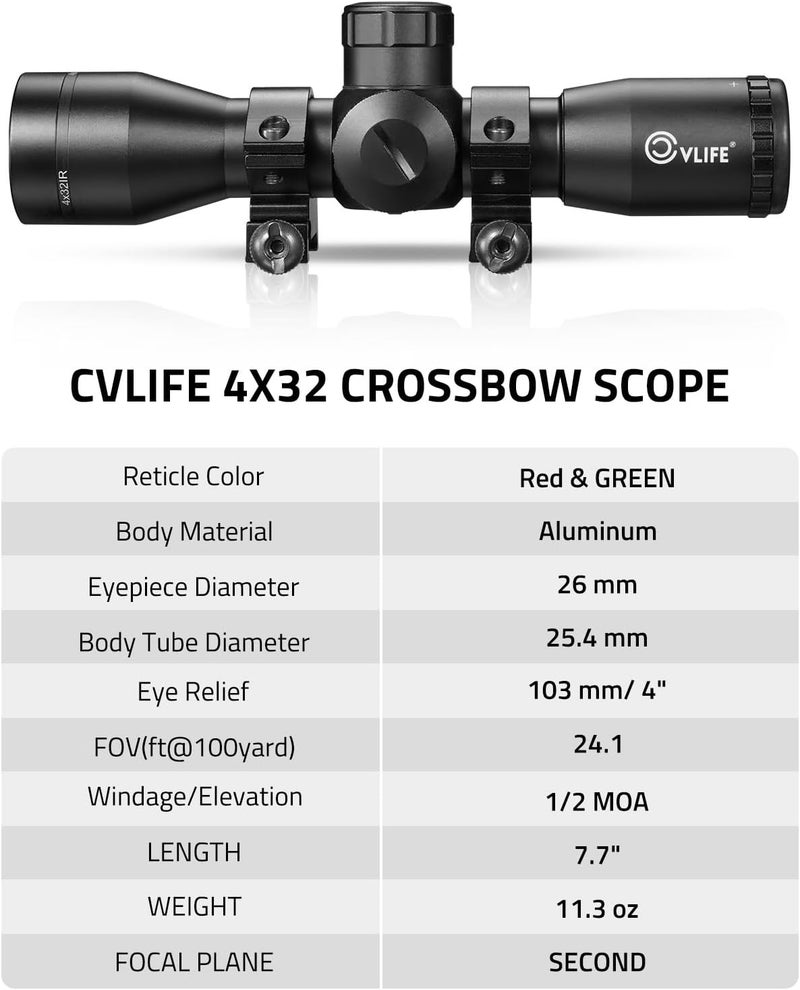 CVLIFE 4x32 Crossbow Scope, Red Green Illuminated Compact Crossbow Scopes for Hunting 20-100 Yards, Circles and Rangefinder Etched Glass Reticle Optic - Image 5